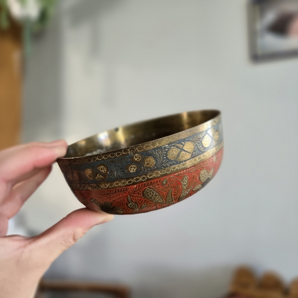 Etched Brass Floral Vintage Patina Bowl Dish Red Blue